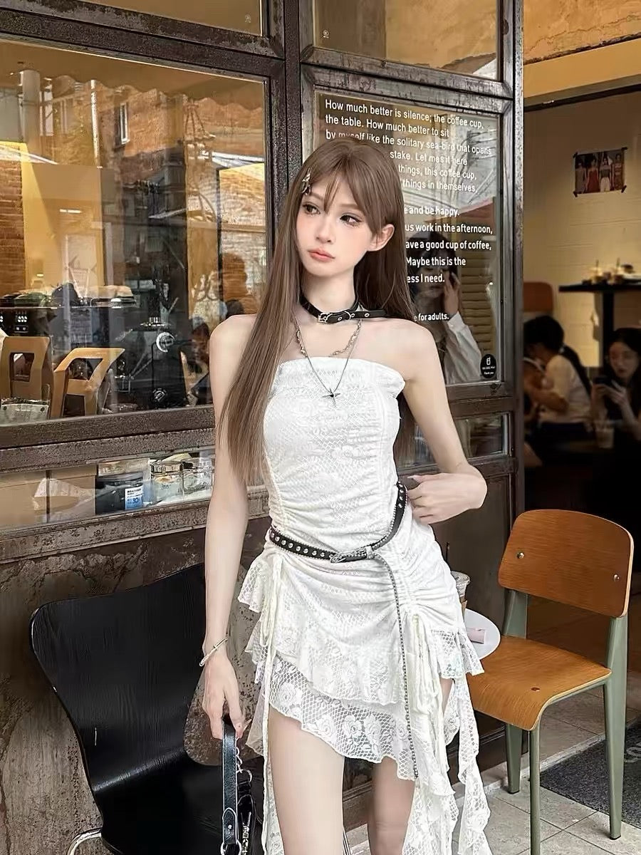 White Lace Unequal Tube Dress (XS)