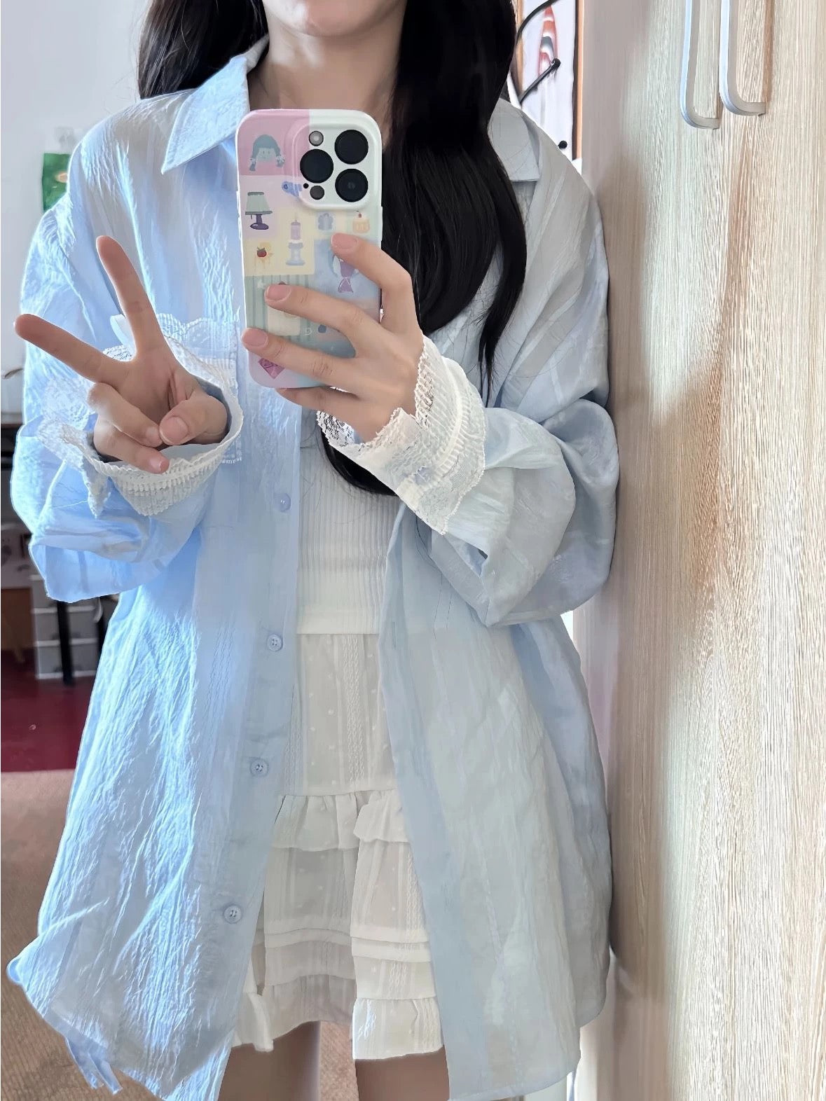 Baby Blue Mix Laces Long Sleeve Shirt