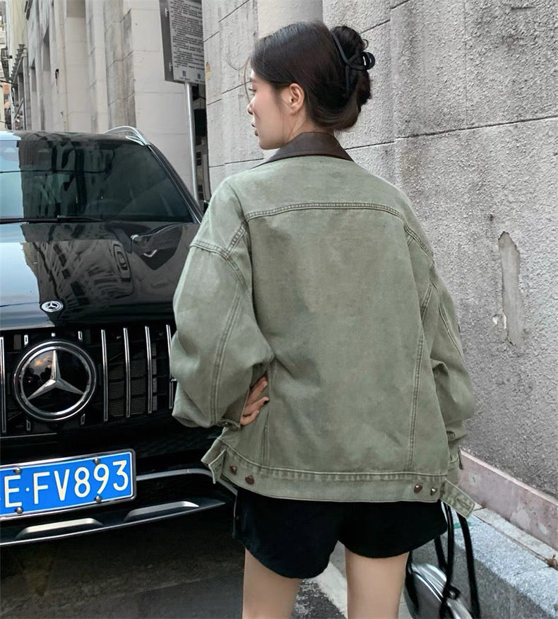 Army Green Denim PU Leather Collar Jacket