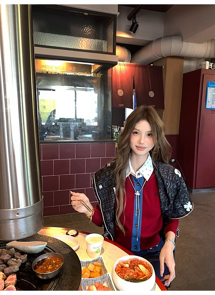 Polka Dot Collar Red Thin Knitted Top