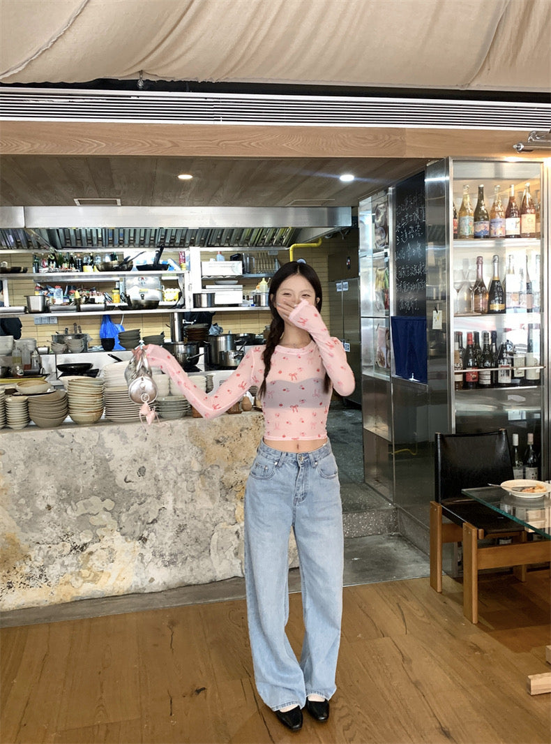 Pink Ribbons Thin Long Sleeve Mesh Crop Top Outerwear