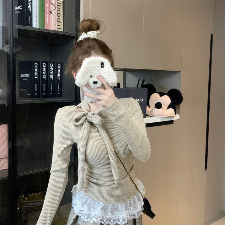 Tie Up Collar Grey Long Sleeve Top