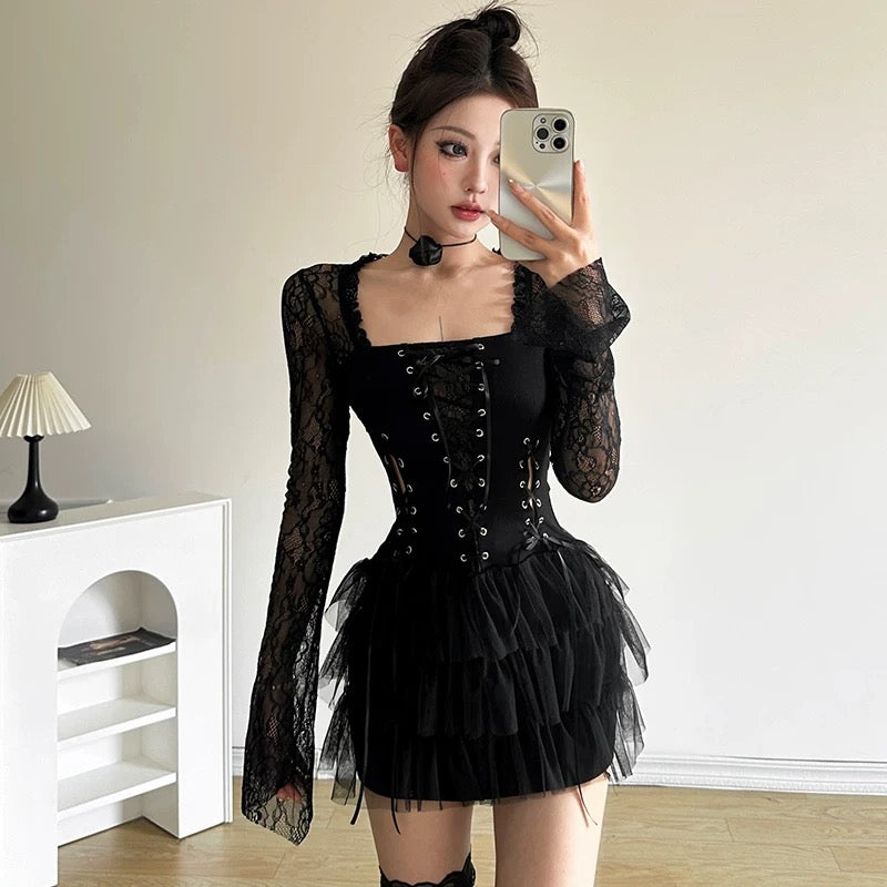 Lacey Square Collar Black Dress (S, M)
