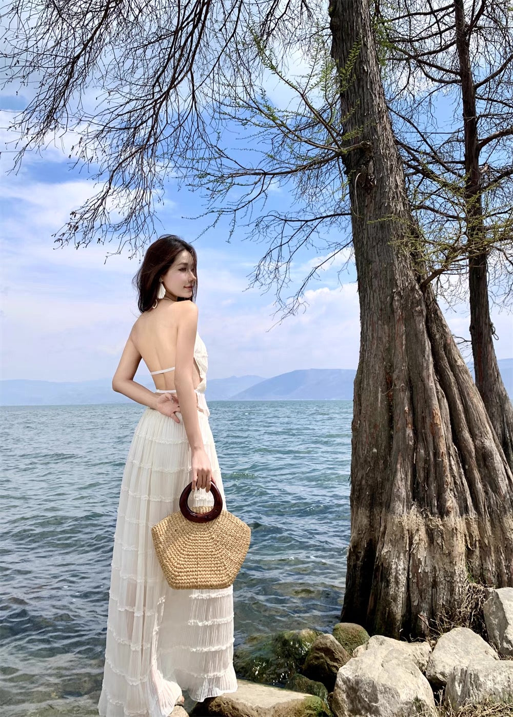 Layered Bareback Top + Long Skirt Two Pieces Set