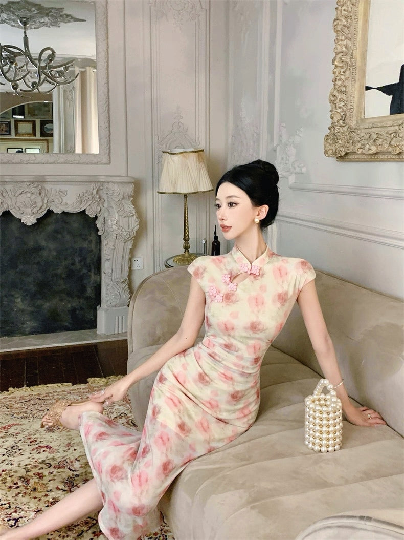 Pink Rose Beige Cheongsam CD020 Long Dress (S)