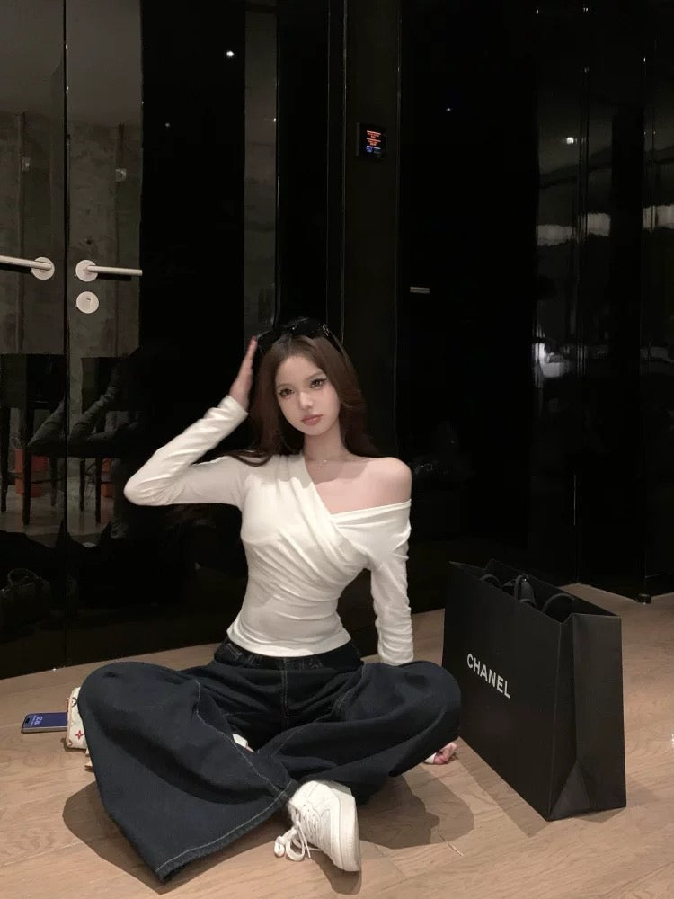 White Thin V Collar Long Sleeve Top