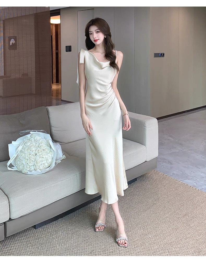 Champagne Satin Side Strap Dress (S, M)