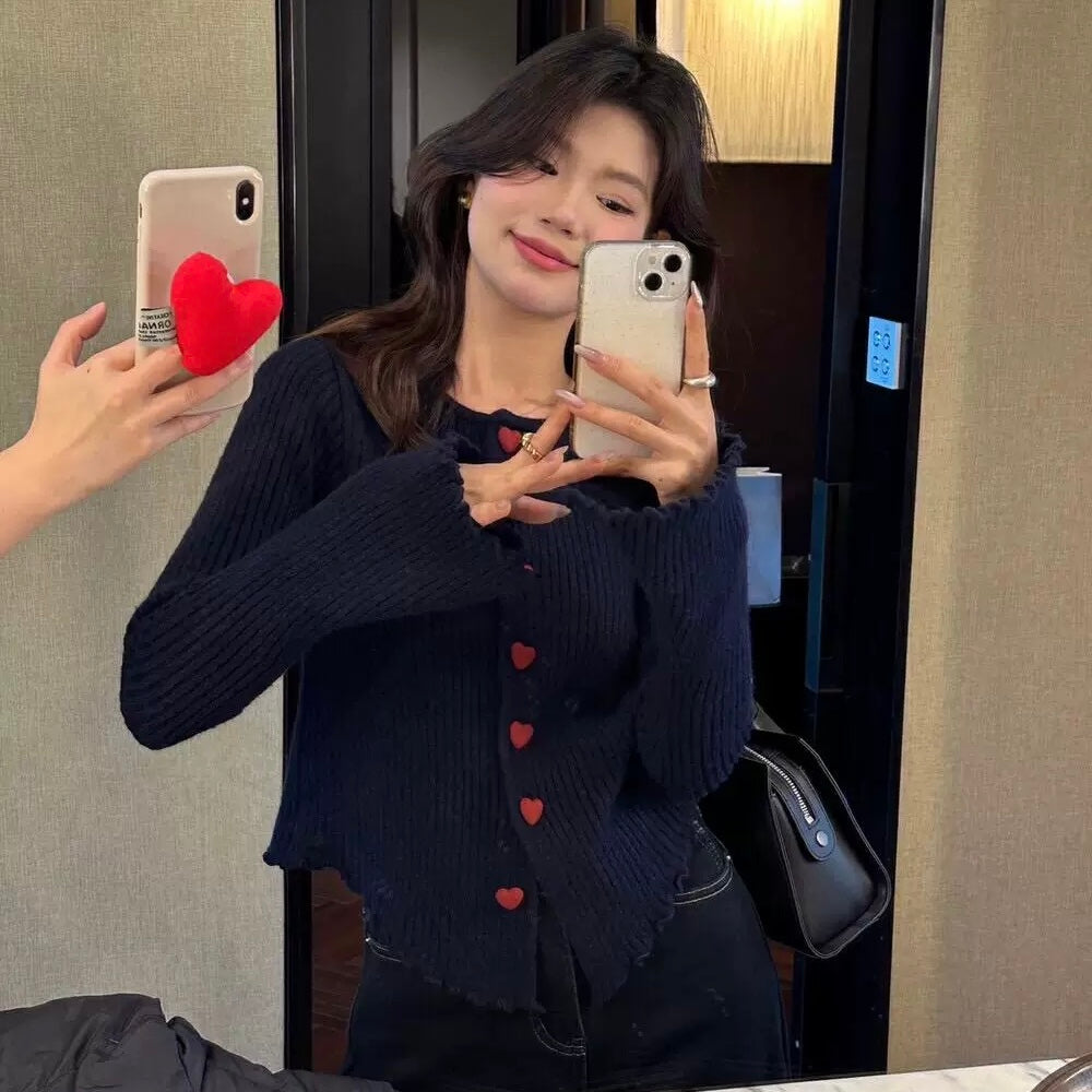 Heart Button Knitted Long Sleeve Cardigan Top