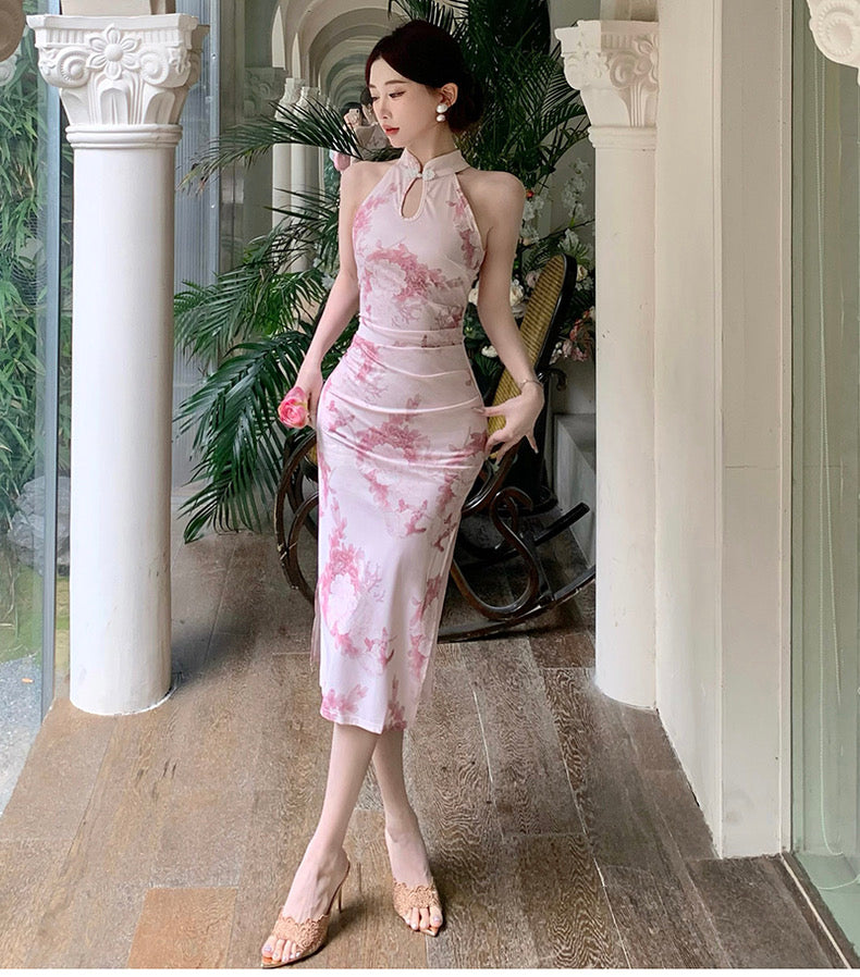 Pink Flower Sleeveless Cheongsam Long Dress (S)