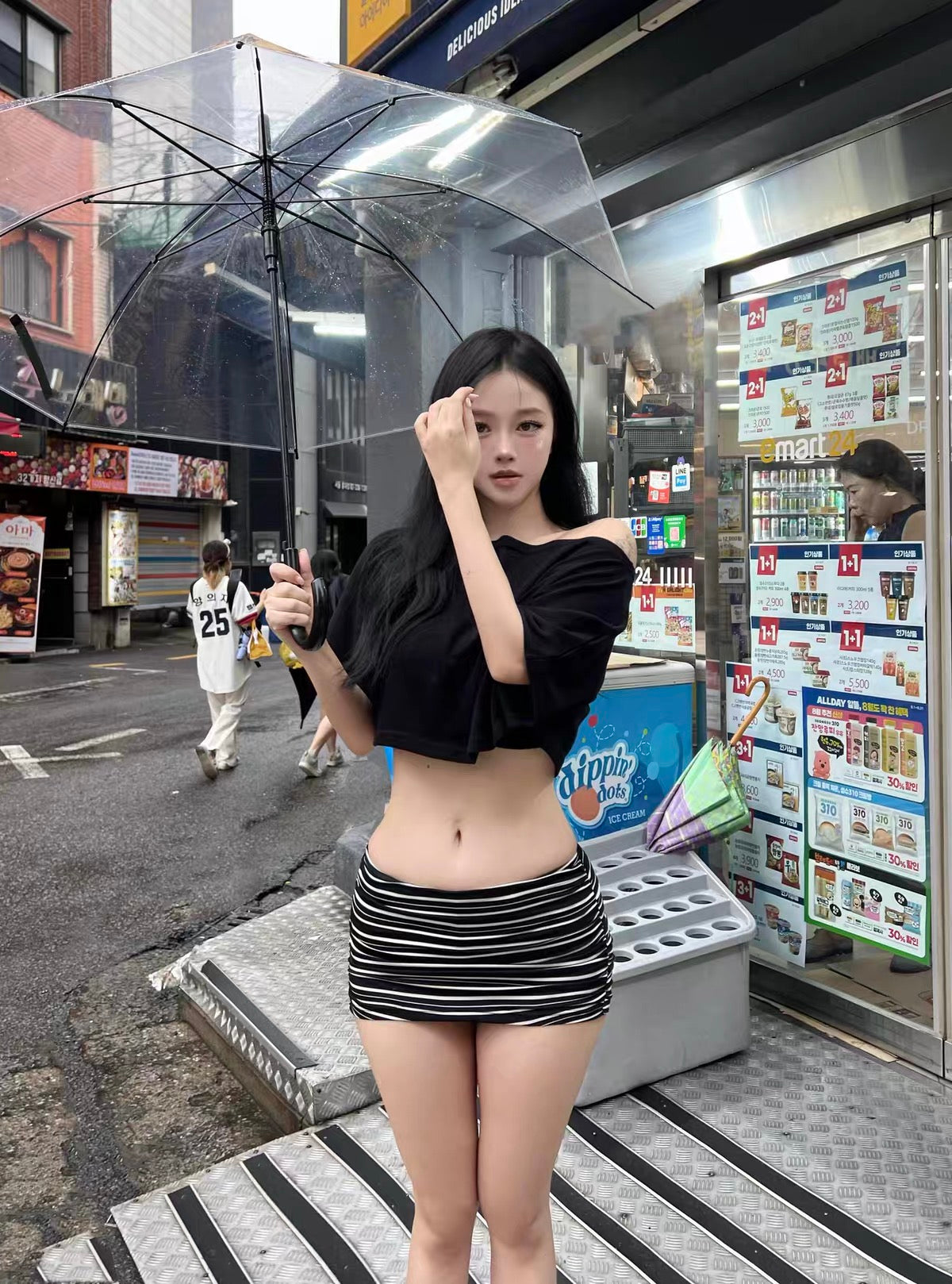 Black Top + Stripe Shorts Skirt Set