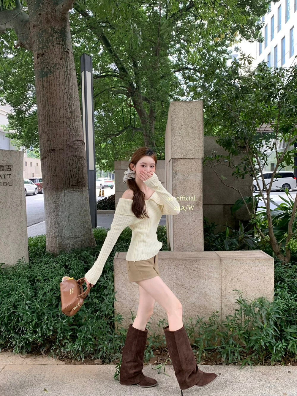 V Collar Knitted Long Sleeve Top (Pink, Beige)