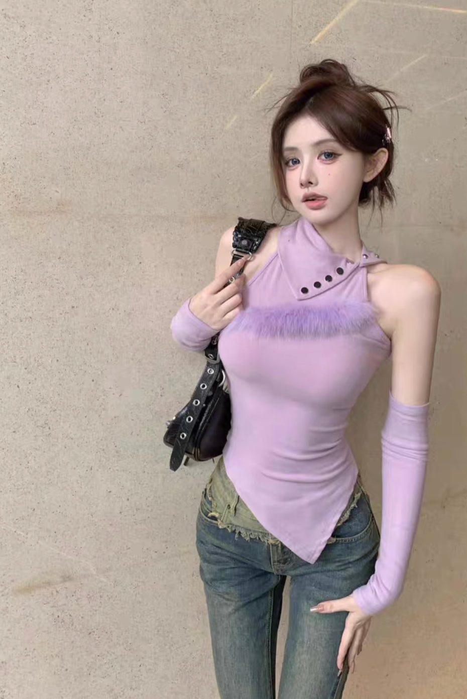 Halter Fur Sleeveless Top With Sleeve (White , Black)