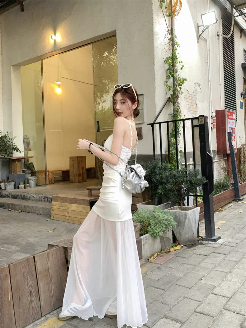 Cream White Mesh Long Skirt (S, M)