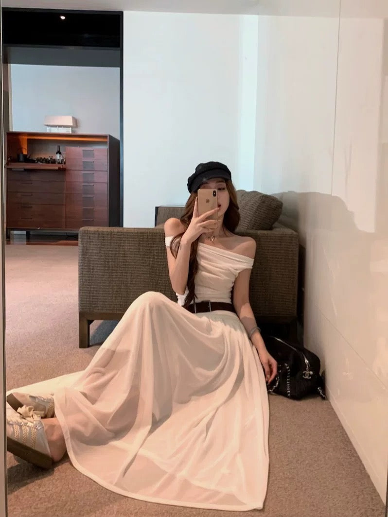 Off Shoulder Mesh Long Dress With Belt