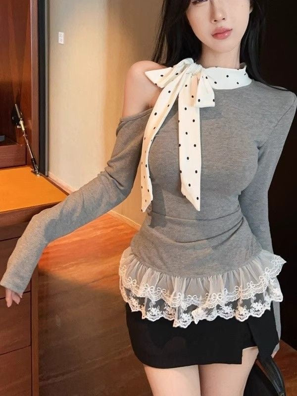 Polka Dots Off Size shoulder Long Sleeve Top