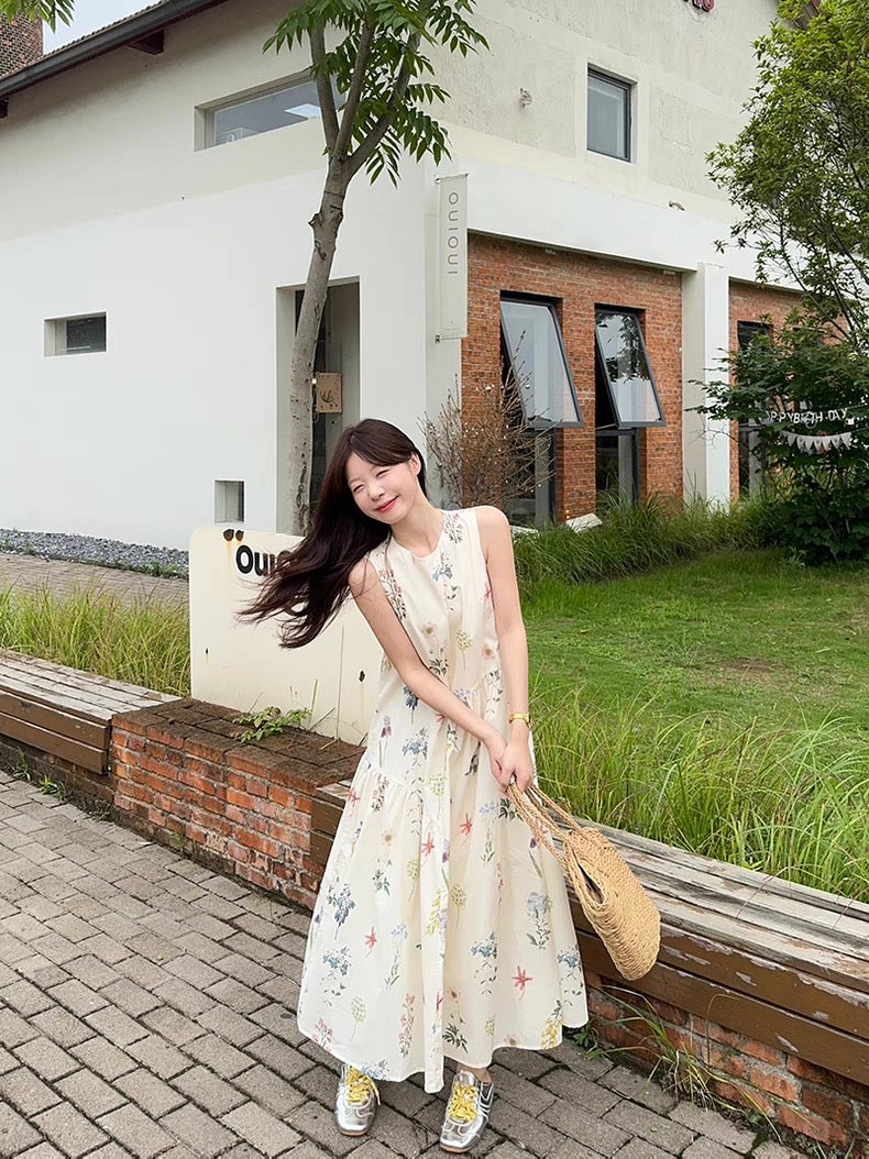 Mini Floral Beige Long Dress