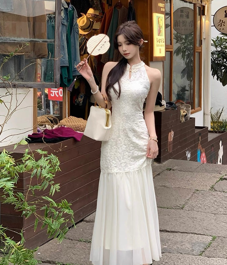 Beige Cheongsam CD022 Long Dress With Cardigan (S, M)