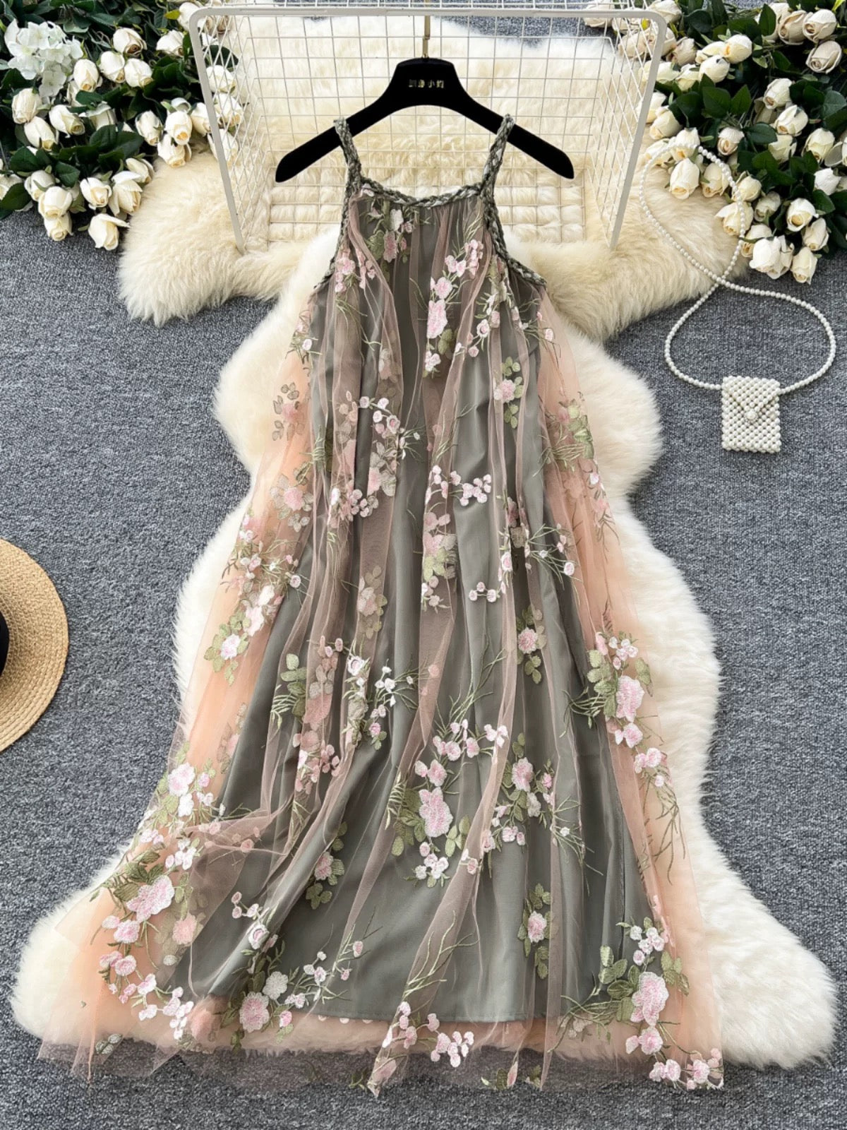 Mesh Flower Khaki Long Dress