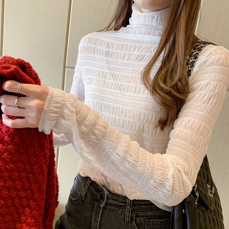 Halter Thin Mesh Puffy Long Sleeve Top