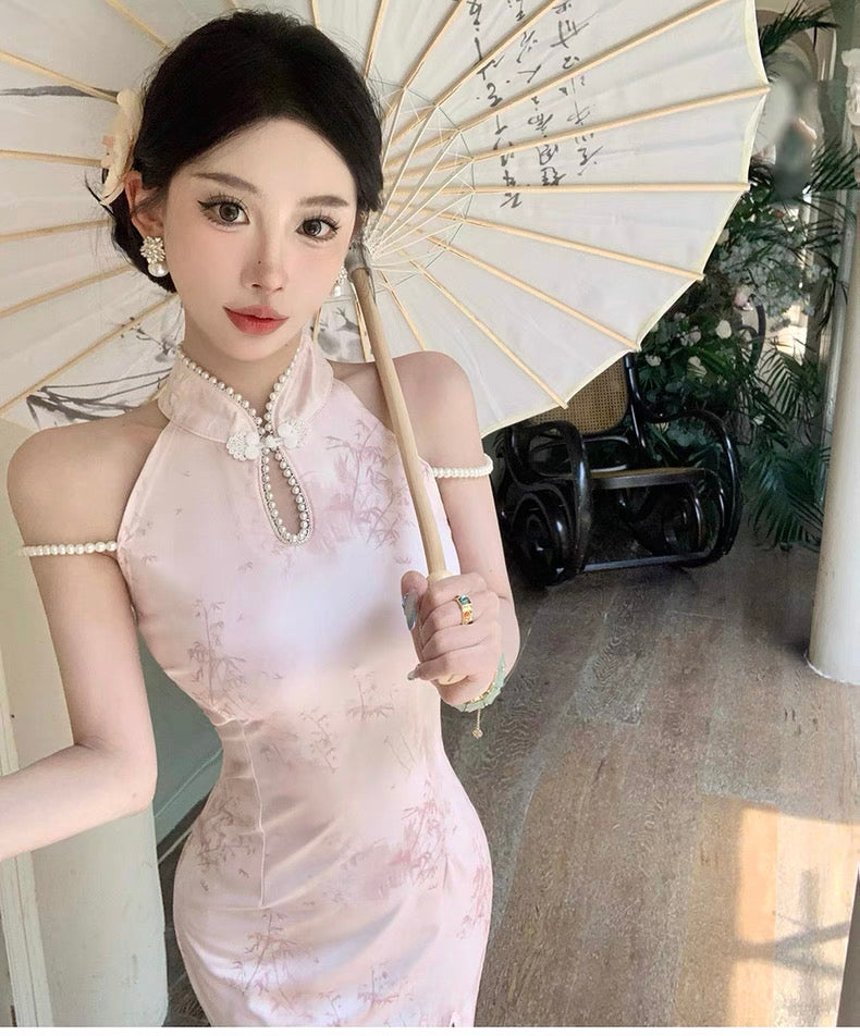 Pearl Strap Pink Cheongsam CD002 Long Dress (S)