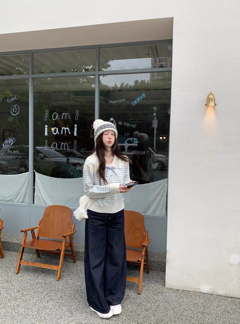 Stripe Long Sleeve Knitted Top (Red, Blue)