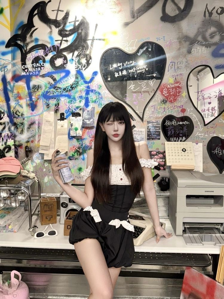 Mix White Black Top + Shorts Two Piece Set (S, M)