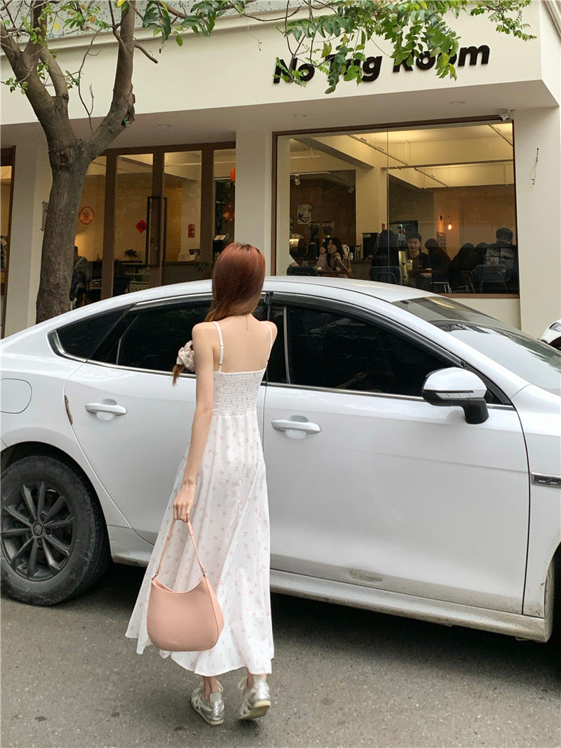 Pink Flower White Strap Long Dress (M)