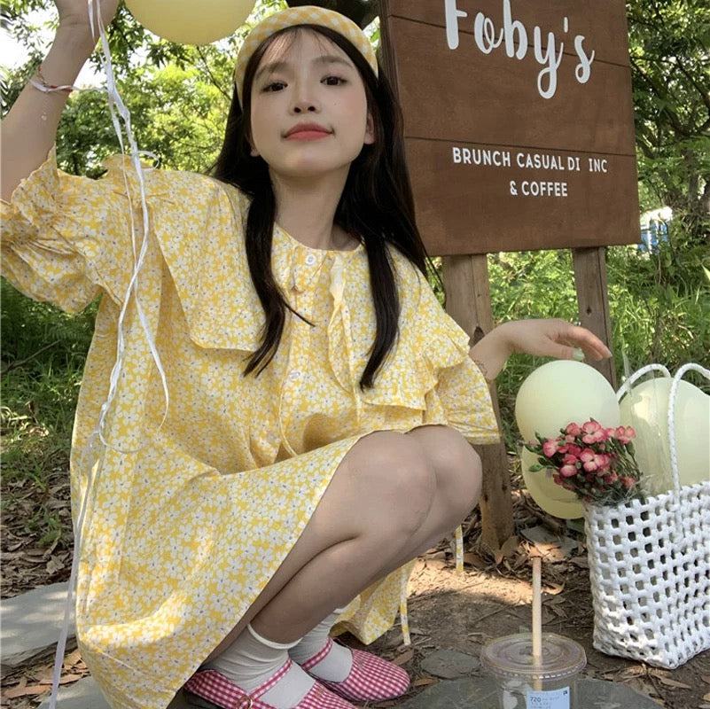 White Flower Dolly Yellow Long Top