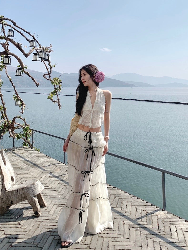 Beige Lace Top + Long Skirt Two Pieces Set