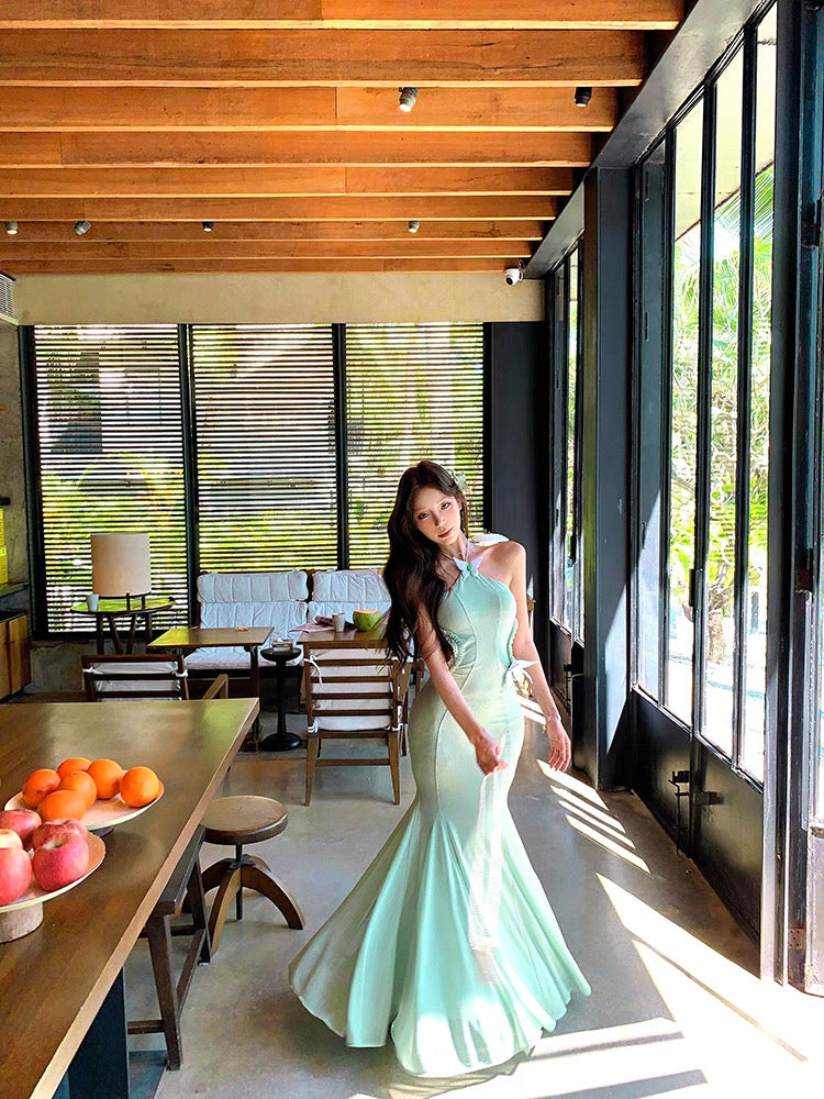 Butterfly Waist Cut Mint Green Long Dress (XS)