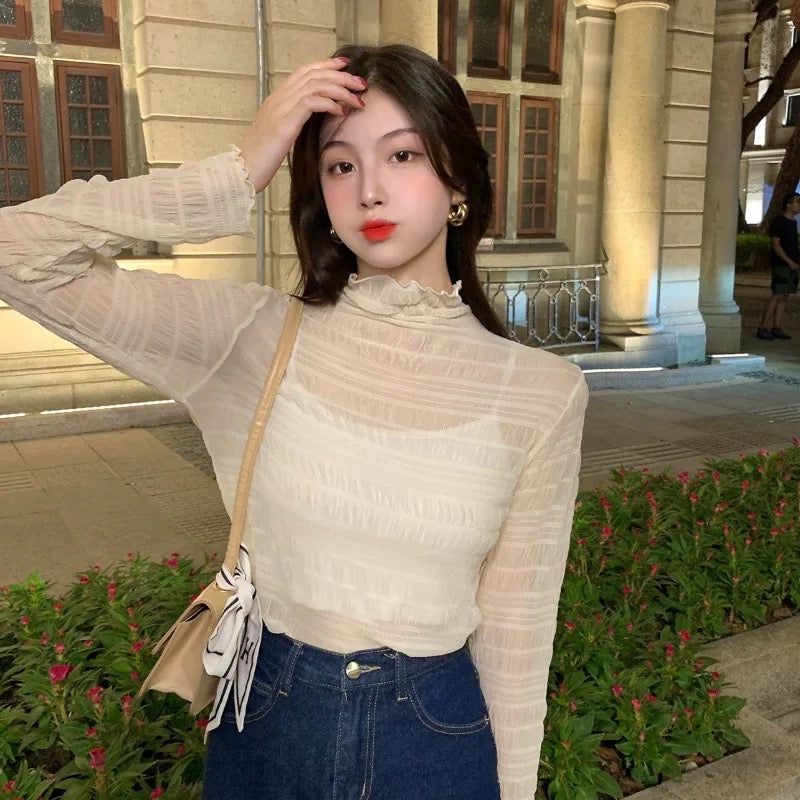 Halter Thin Mesh Puffy Long Sleeve Top