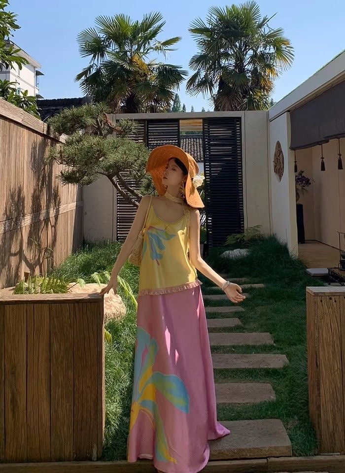 Yellow Pink Strap Long Dress
