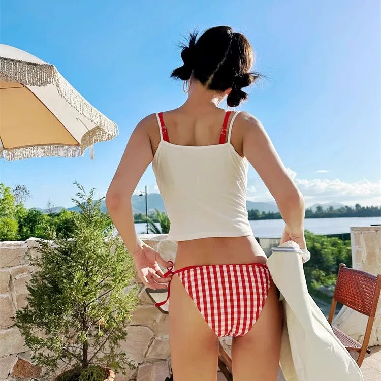 Red Ginham Bikini BK31 Three Piece Set (S, M)