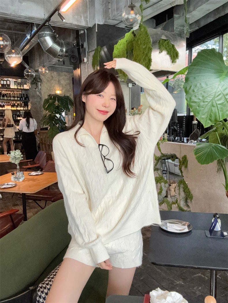 Cream Knitted Top + Shorts Two Piece Set