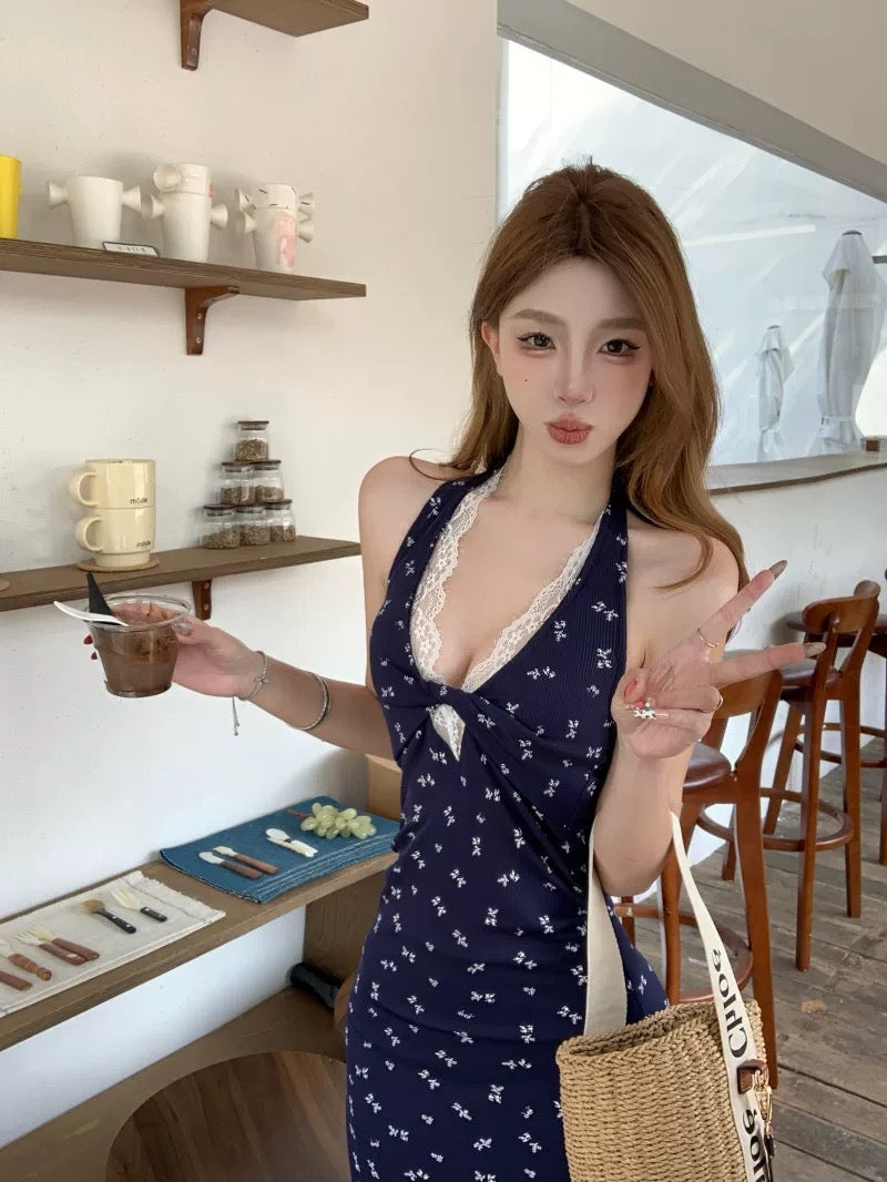 Round Collar Navy Long Dress (S)