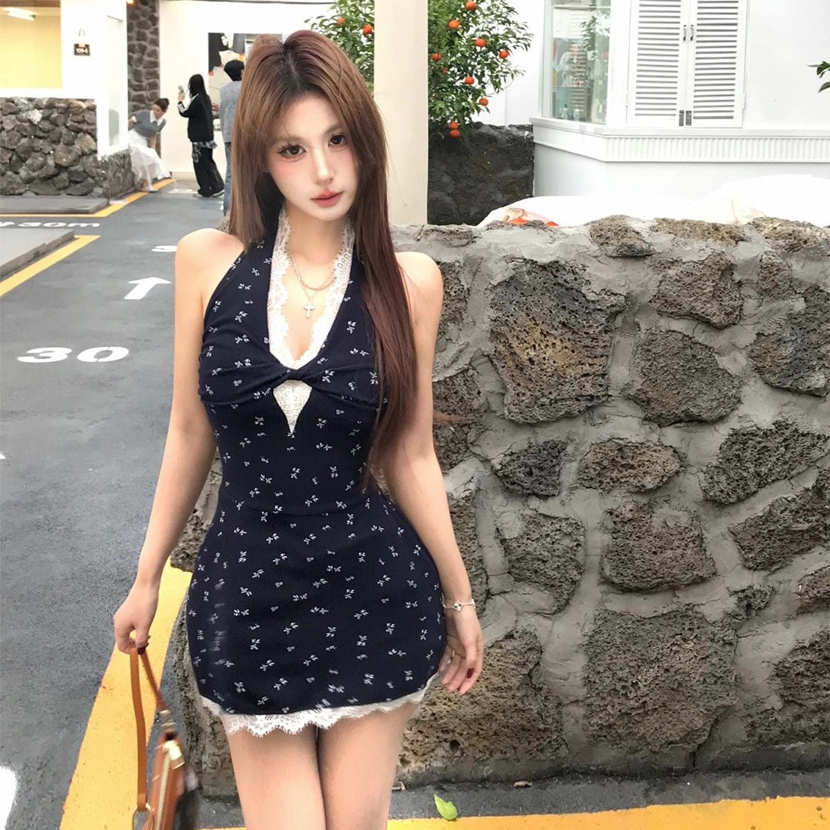 Round Collar Navy Mini Dress (XS)