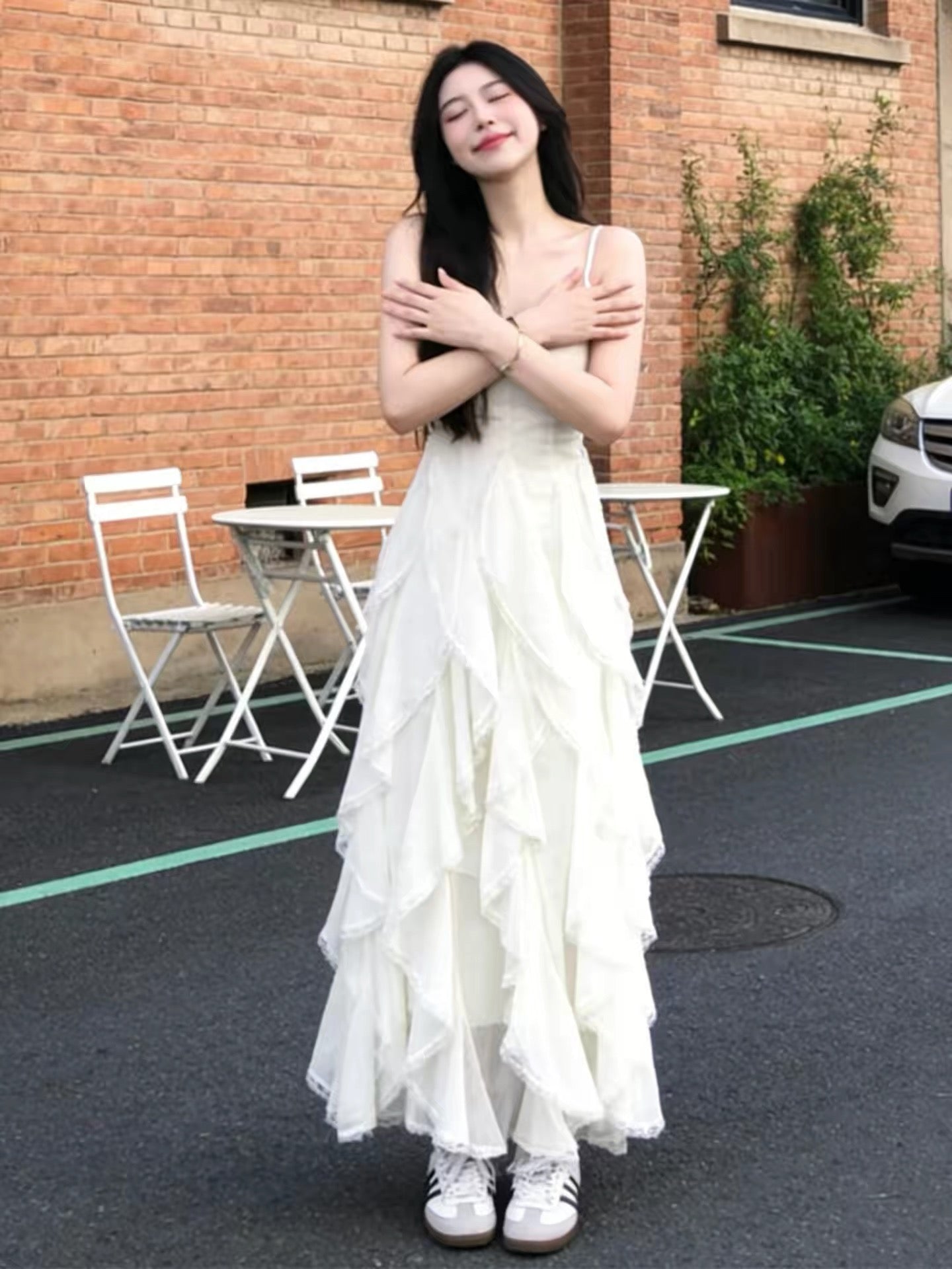 White Ruffles Bottom Strap Dress
