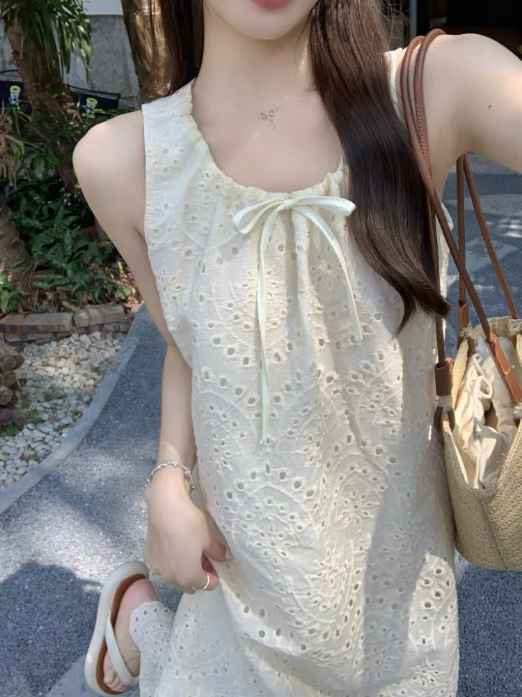 U Collar Embroidery Long Dress (Beige, White)