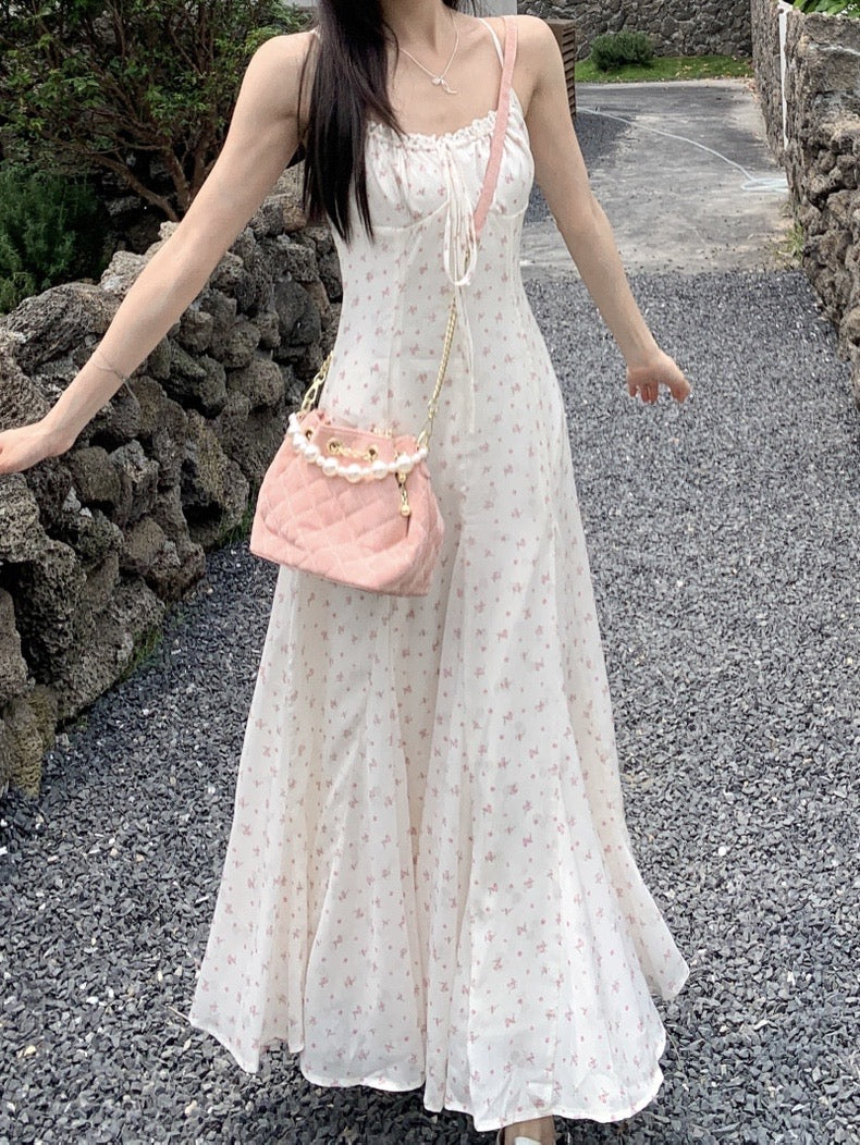 Pink Flower White Strap Long Dress (M)