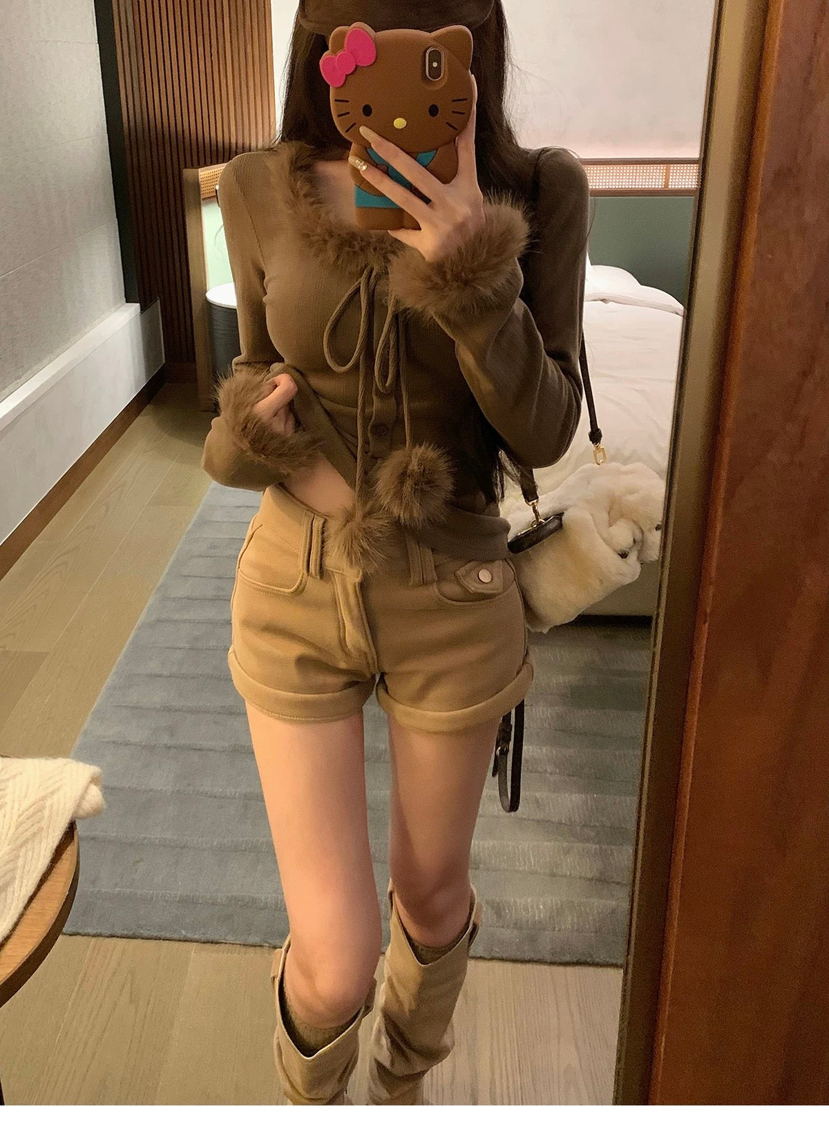 Furry Collar Coffee Knitted Long Sleeve Top