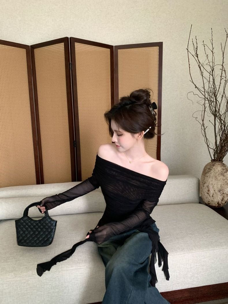 Off Shoulder Long Sleeve Brown Mesh Top