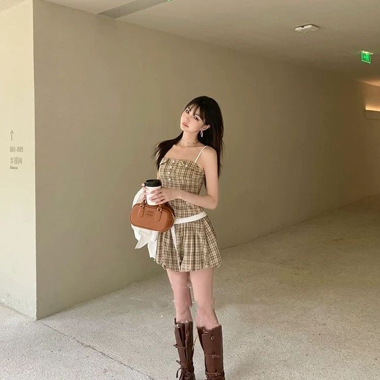 Khaki Grid Top + Skort Two Piece Set