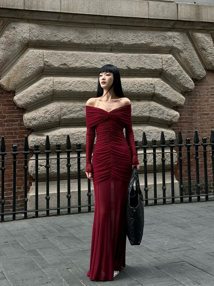 Wine Red Off Shoulder Mesh Dress