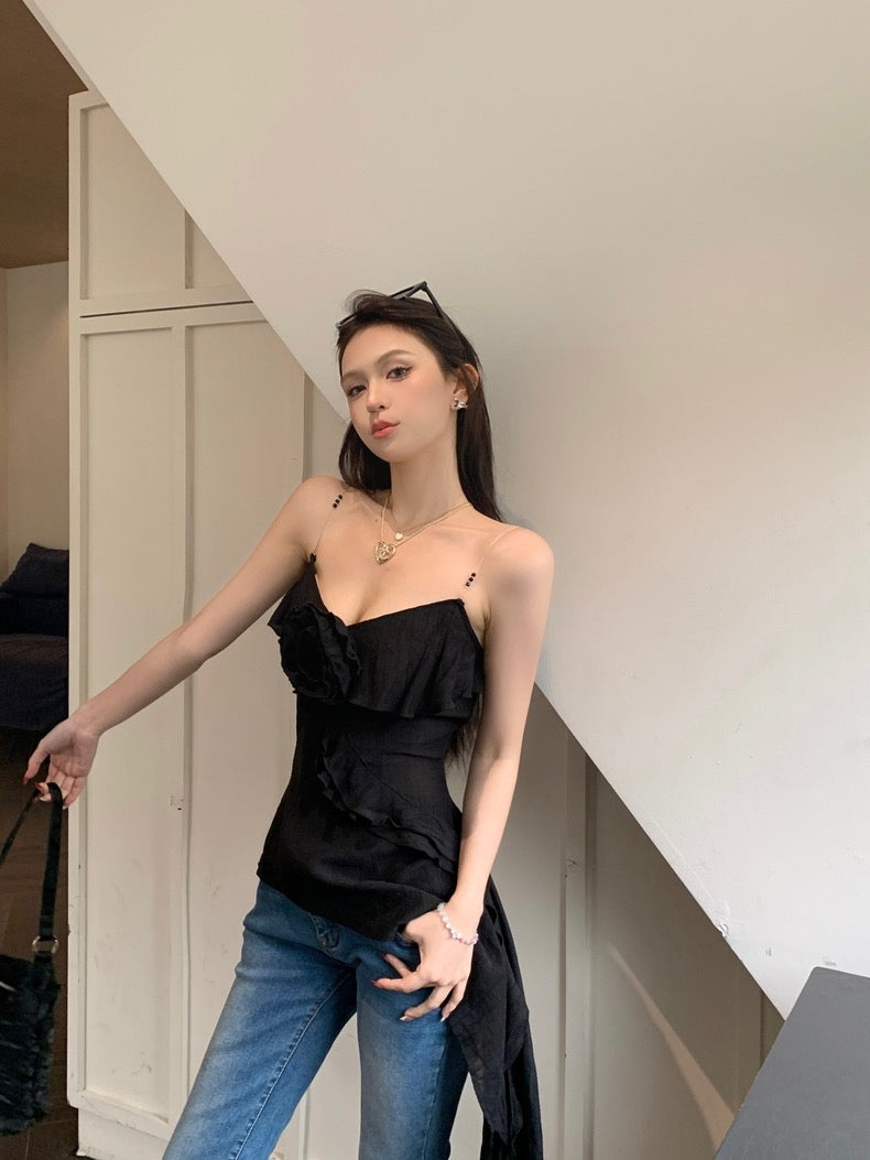 Summer Unequal Black Floral Strap Top