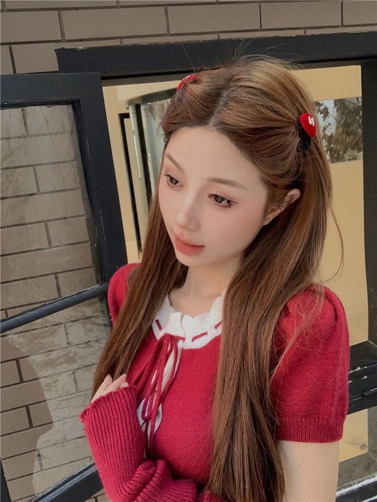 Red Knitted Crop Top + Skirt + Glove Three Piece Set