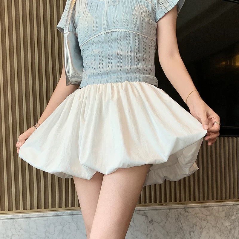 High Waist Lantern Skort Skirt SK12 (Pink, White)