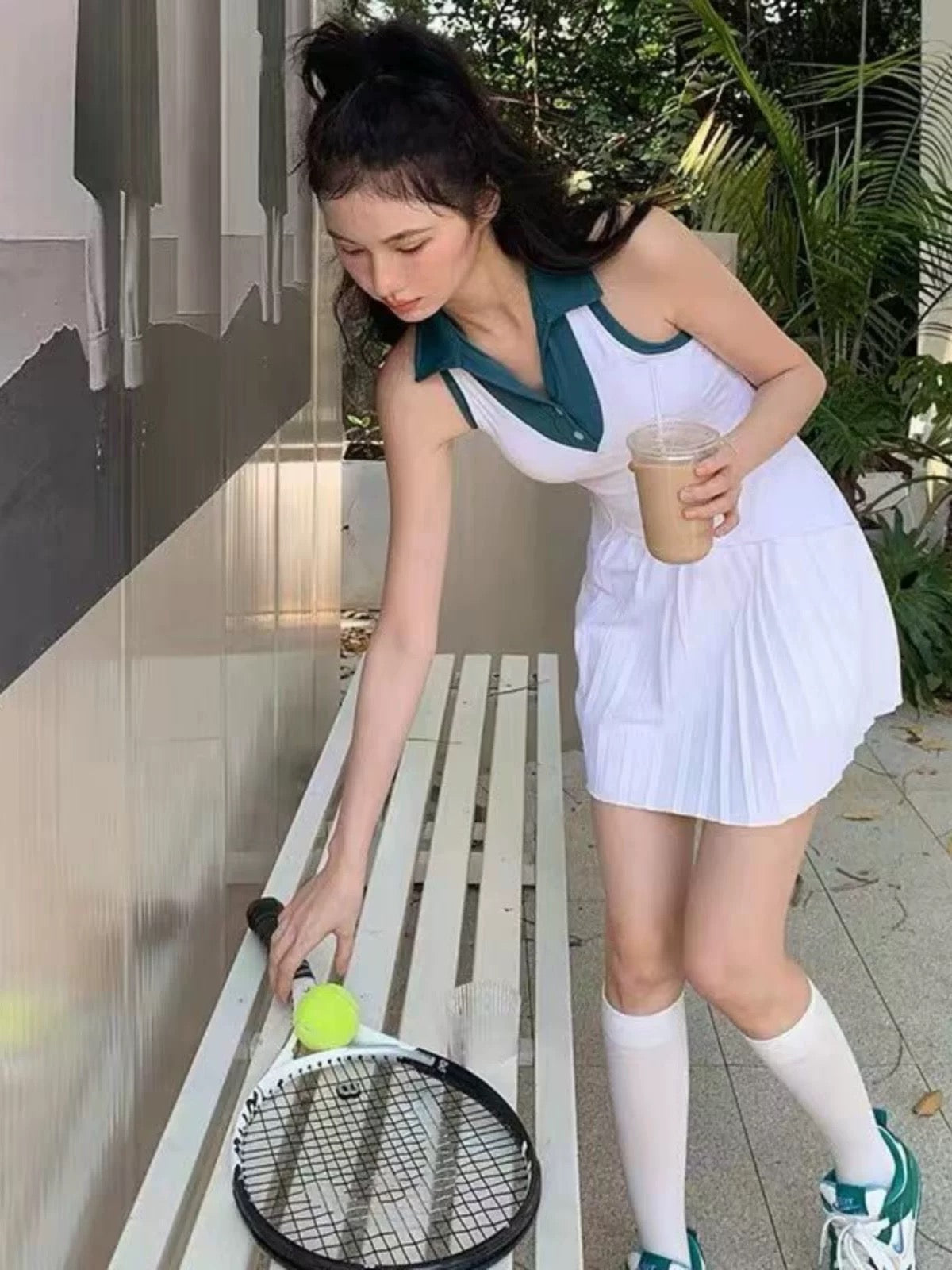 Sleeveless Collar Golf/Tennis Sport Dress + Shorts Set (White, Navy)