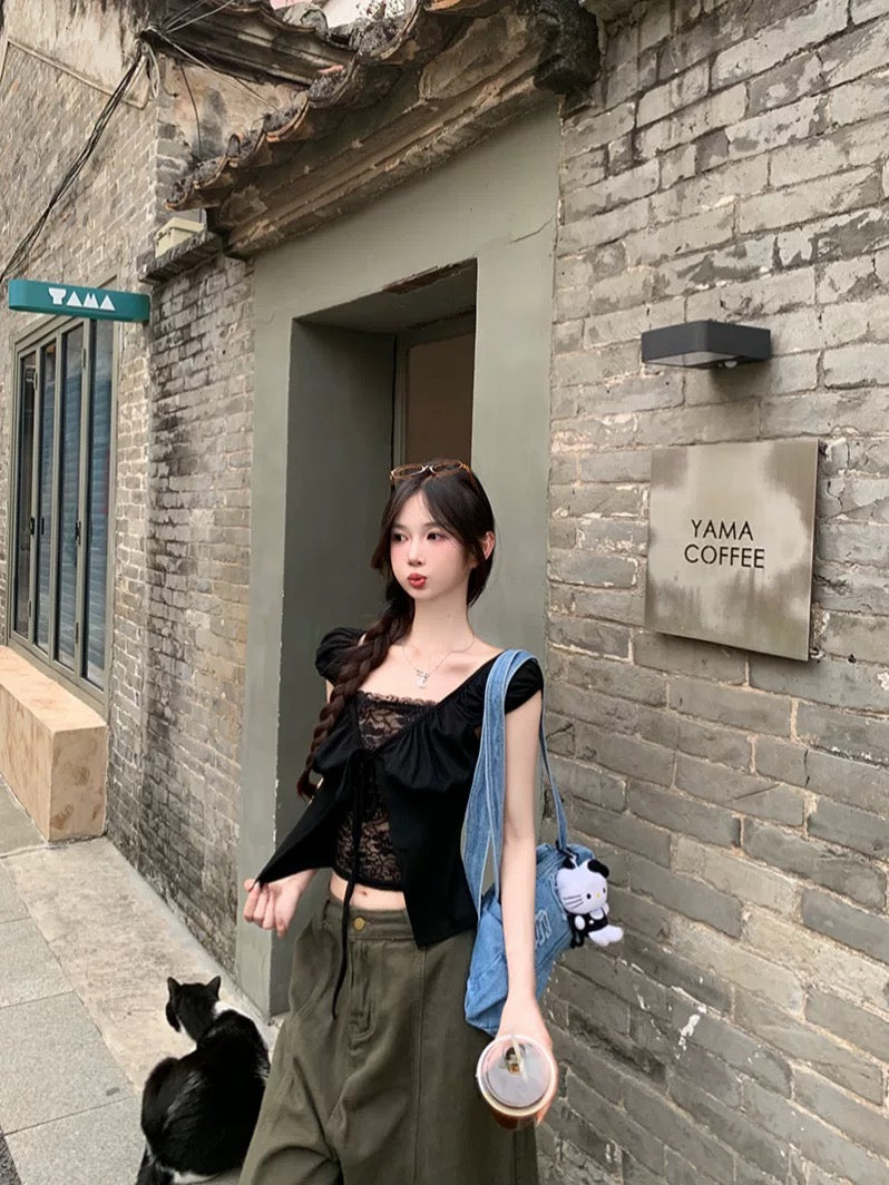 Mix Lacey Puff Sleeve Top (Black)
