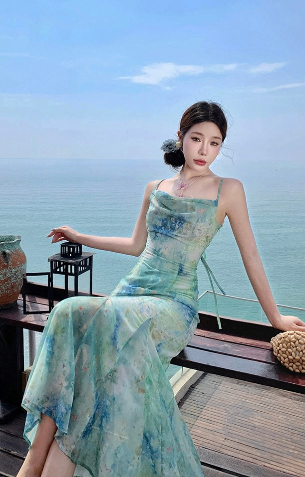 Chiffon Green Long Dress (XS, S, M)