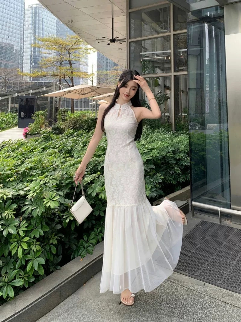 Beige Cheongsam CD022 Long Dress With Cardigan (S, M)